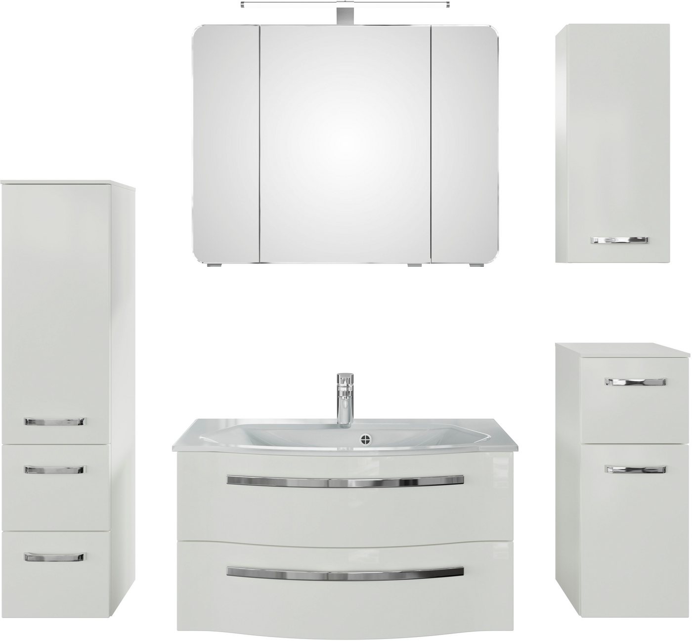 Saphir Badmöbel-Set Serie 4005, vormontiert, Glaswaschbecken, Spiegelschrank, (Set, 6-St), Badezimmer-Set mit Unterschrank, Hängeschrank, Midischrank, Türdämpfer von Saphir