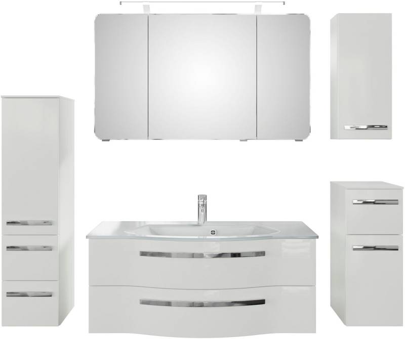 Saphir Badmöbel-Set Serie 4005, vormontiert, Glaswaschbecken, Spiegelschrank, (Set, 6-St), Badezimmer-Set mit Unterschrank, Hängeschrank, Midischrank, Türdämpfer von Saphir