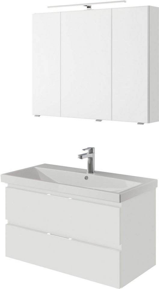 Saphir Badmöbel-Set Serie 4035 2-teilig, Keramikwaschtisch mit LED-Spiegelschrank, (Set), 90 cm breit, inkl. Türdämpfer, 2 Schubladen, 3 Türen, 6 Einlegeböden von Saphir