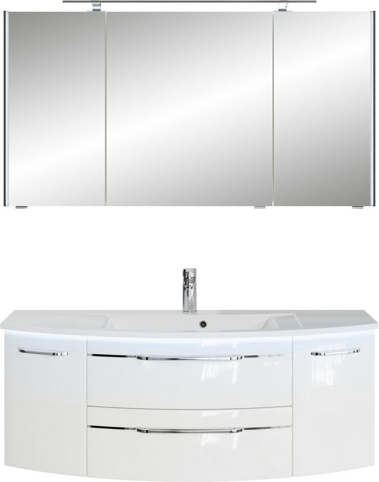 Saphir Badmöbel-Set Serie 7045 2-teilig Mineralmarmor-Waschtisch mit LED-Spiegelschrank, (Set, 2-St), Badezimmer-Set 133,2 cm breit, inkl. Türdämpfer, 5 Türen, 2 Schubladen von Saphir