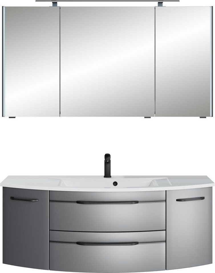 Saphir Badmöbel-Set Serie 7045 2-teilig Mineralmarmor-Waschtisch mit LED-Spiegelschrank, (Set, 2-St), Badezimmer-Set 133,2 cm breit, inkl. Türdämpfer, 5 Türen, 2 Schubladen von Saphir
