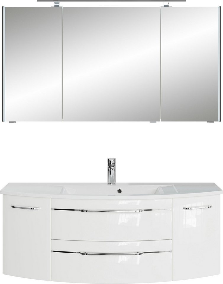 Saphir Badmöbel-Set Serie 7045 2-teilig Mineralmarmor-Waschtisch mit LED-Spiegelschrank, (Set, 2-St), Badezimmer-Set 133,2 cm breit, inkl. Türdämpfer, 5 Türen, 2 Schubladen von Saphir
