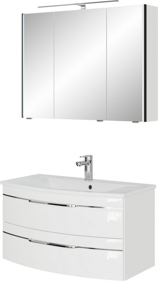 Saphir Badmöbel-Set Serie 7045 2-teilig Mineralmarmor-Waschtisch mit LED-Spiegelschrank, (Set, 2-St), Badezimmer-Set 93,2 cm breit, inkl. Türdämpfer, 3 Türen, 2 Schubladen von Saphir