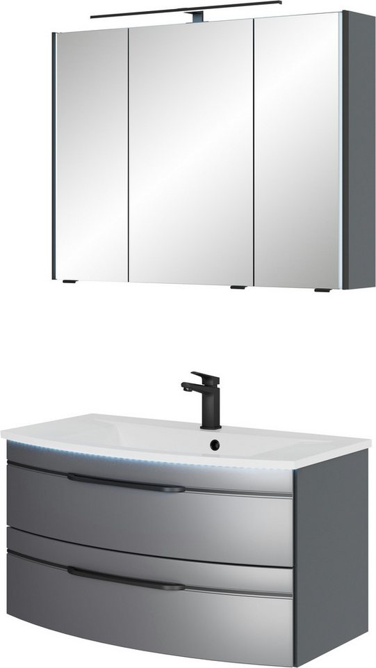 Saphir Badmöbel-Set Serie 7045 2-teilig Mineralmarmor-Waschtisch mit LED-Spiegelschrank, (Set, 2-St), Badezimmer-Set 93,2 cm breit, inkl. Türdämpfer, 3 Türen, 2 Schubladen von Saphir