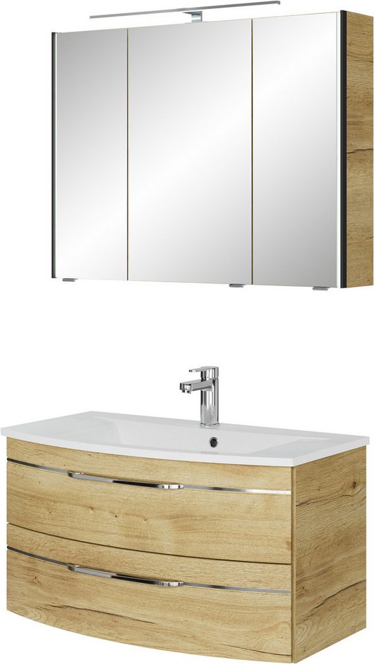 Saphir Badmöbel-Set Serie 7045 2-teilig Mineralmarmor-Waschtisch mit LED-Spiegelschrank, (Set, 2-St), Badezimmer-Set 93,2 cm breit, inkl. Türdämpfer, 3 Türen, 2 Schubladen von Saphir