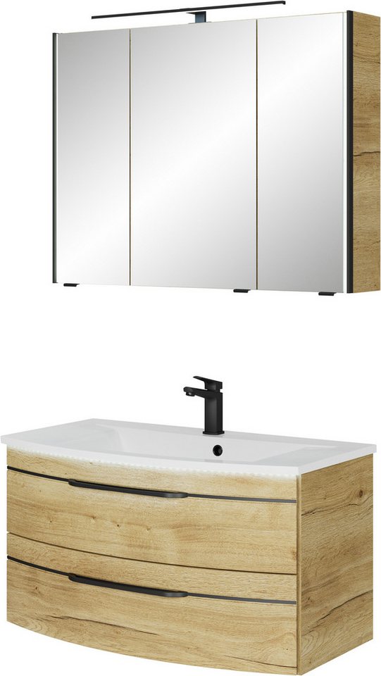 Saphir Badmöbel-Set Serie 7045 2-teilig Mineralmarmor-Waschtisch mit LED-Spiegelschrank, (Set, 2-St), Badezimmer-Set 93,2 cm breit, inkl. Türdämpfer, 3 Türen, 2 Schubladen von Saphir