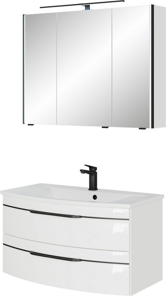 Saphir Badmöbel-Set Serie 7045 2-teilig Mineralmarmor-Waschtisch mit LED-Spiegelschrank, (Set, 2-St), Badezimmer-Set 93,2 cm breit, inkl. Türdämpfer, 3 Türen, 2 Schubladen von Saphir