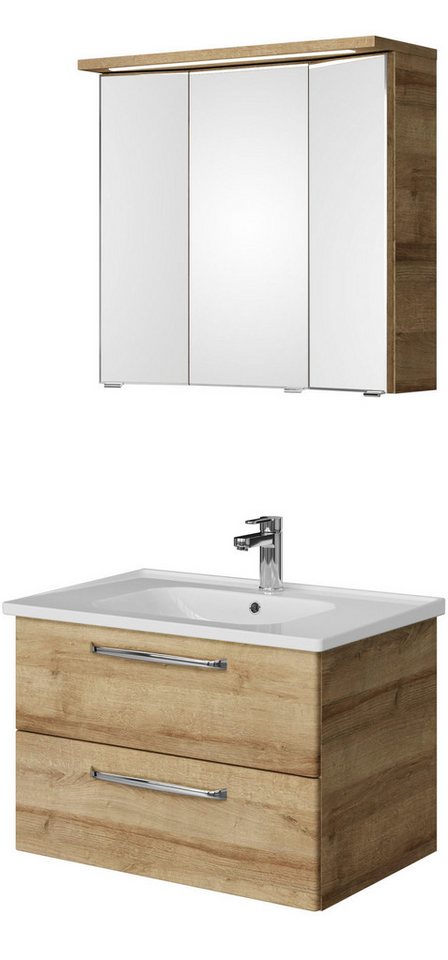 Saphir Badmöbel-Set Trentino 2-teilig Keramik-Waschtisch mit LED-Spiegelschrank, (3-St), Badmöbel-Set 79cm breit, inkl. Türdämpfer, 3 Türen, 2 Auszügen von Saphir