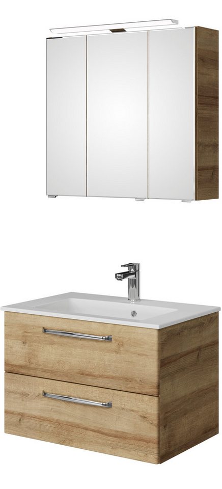 Saphir Badmöbel-Set Trentino 2-tlg Mineralmarmor-Waschtisch,Spiegelschrank mit LED-Leuchte, (3-St), Badmöbel-Set 77cm breit, inkl. Türdämpfer, 3 Türen, 2 Auszügen von Saphir