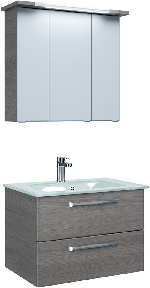 Saphir Badmöbel-Set Trentino 2-teilig Glas-Waschtisch, Spiegelschrank mit LED-Profil, (3-St), Badmöbel-Set 77cm breit, inkl. Türdämpfer, 3 Türen, 2 Auszügen von Saphir