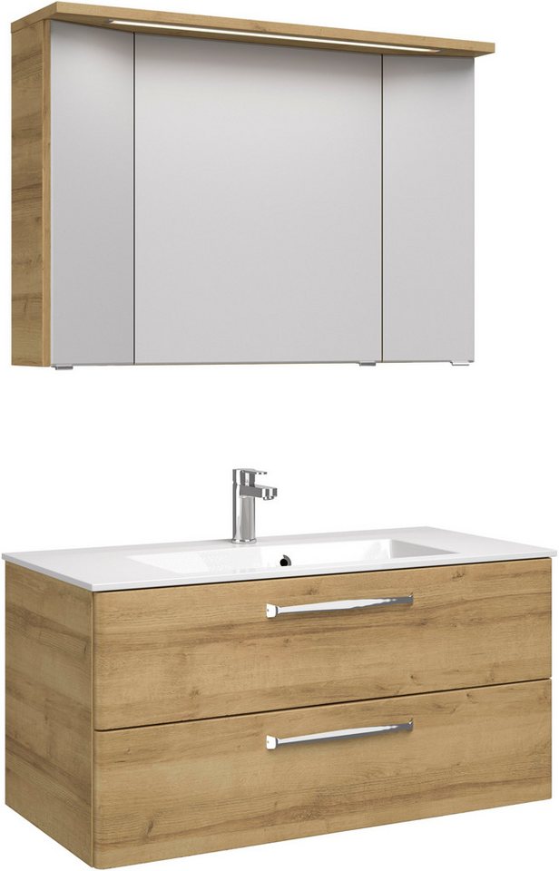Saphir Badmöbel-Set Trentino 2-teilig Mineralmarmor-Waschtisch mit LED-Spiegelschrank, (3-St), Badmöbel-Set 107cm breit, inkl. Türdämpfer, 3 Türen, 2 Auszügen von Saphir