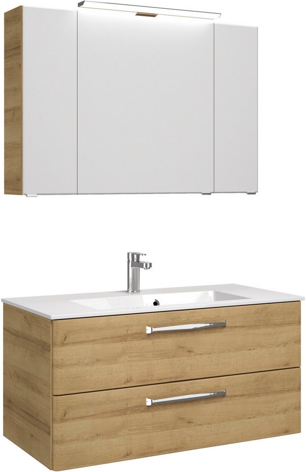 Saphir Badmöbel-Set Trentino 2-tlg Mineralmarmor-Waschtisch, Spiegelschrank mit LED-Profil, (3-St), Badmöbel-Set 110cm breit, inkl. Türdämpfer, 3 Türen, 2 Auszügen von Saphir
