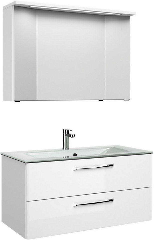 Saphir Badmöbel-Set Trentino 2-teilig Glas-Waschtisch, Spiegelschrank mit LED-Leuchte, (3-St), Badmöbel-Set 107cm breit, inkl. Türdämpfer, 3 Türen, 2 Auszügen von Saphir