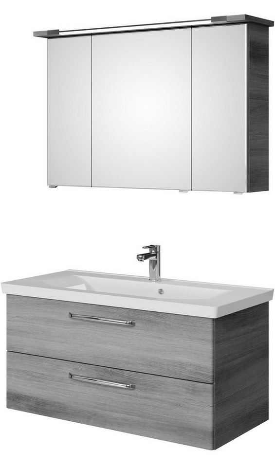 Saphir Badmöbel-Set Trentino 2-tlg Mineralmarmor-Waschtisch, Spiegelschrank mit LED-Profil, (3-St), Badmöbel-Set 110cm breit, inkl. Türdämpfer, 3 Türen, 2 Auszügen von Saphir
