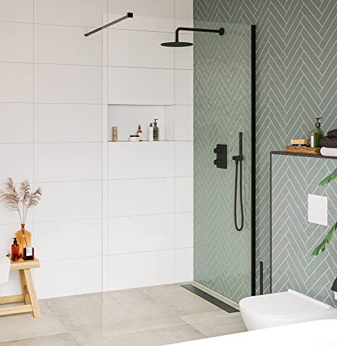 Saqu Modulo Duschwand inkl. Antikalk 120x210 cm - Walk in Dusche mit Stabilisator - NANO Glas Duschtrennwand Badewanne Duschwand Mattschwarz von Saqu