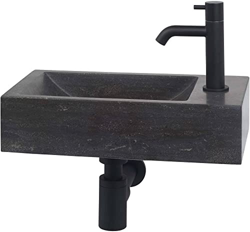 Saqu Nature Waschtisch Set mit schwarzer Armatur Rechts, Naturstein - Waschbecken für Unterschrank, Waschtisch für Gäste WC Saqu Nature Waschtisch Set mit schwarzer Armatur Rechts, Naturstein - Waschbecken für Unterschrank, Waschtisch für Gäste WC von Saqu