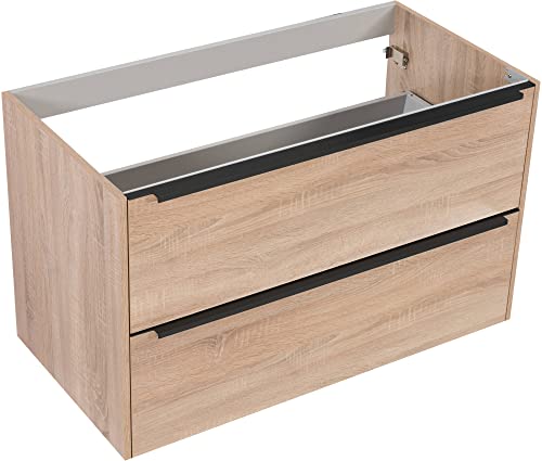 Saqu Salto Waschbeckenunterschrank mit Schwarzen Griffen 100x50,5 cm Vormontiert - Bardolino Eiche - Unterschränke fürs Bad, Unterschrank, Waschtischunterschrank, Badezimmerschrank von Saqu