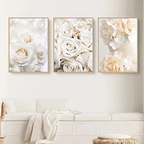 Sarah Duke 3er Blumen Poster Set, Weiß Rose Blumen Wandbilder Wohnzimmer, Frisch Einfachheit Wanddeko Leinwand Bilder, Ohne Rahmen Kunstdruck Poster (40 x 50 cm) von Sarah Duke