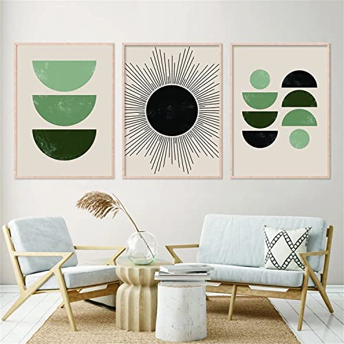 Sarah Duke 3er Design Poster Set, Abstrakt Sonne Strichzeichnung Wandbilder, Grüne Abstrakt Boho Poster Kunstposter, Bilder für Wohnzimmer Deko, Ohne Rahmen (50x70cm) von Sarah Duke