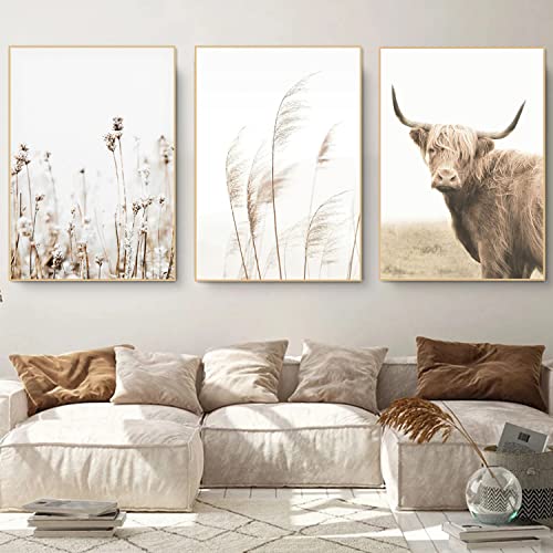 Sarah Duke 3er Moderne Poster Set Hochlandrinder Pampasgras Leinwand Bild Yak Kunstdrucke, Ohne Rahmen Wandbilder, Boho Deko Wanddeko für Wohnzimmer Schlafzimmer (40x50cm) von Sarah Duke