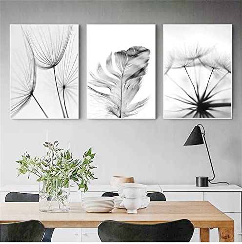 Sarah Duke 3er Poster Set, Aesthetic Blume Schwarz Weiß Feder Löwenzahn Bilder, Ohne Rahmen Leinwand Kunstposter, Bilder Wohnzimmer Schlafzimmer Wanddeko (40x50cm) von Sarah Duke