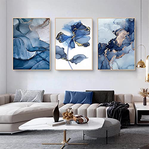 Sarah Duke 3er Poster Set, Gold Blau Luxuriöse Blumen Grafiken Wandbilder, Ohne Rahmen Leinwand Kunstposter, Stilvolle Nordic Wanddeko Bilder Wohnzimmer (30 x 40 cm) von Sarah Duke