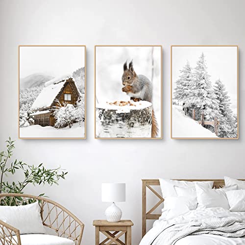 Sarah Duke 3er Poster Set, Winter-Schneelandschaft Bilder, Eichhörnchen,Wald Wandkunst Wandbilder, Poster und Druck für Modern Leinwandbild Wanddeko, OHNE Rahmen (B,40x50cm) von Sarah Duke