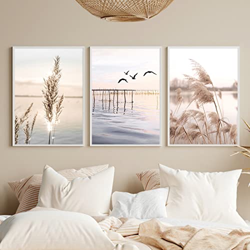 Sarah Duke 3er Poster Strand Set Modern Pampasgras Wandbilder Sonnenuntergang OHNE Rahmen Boho Bild für Schlafzimmer Wohnzimmer Wanddeko (Stil B,50x70cm) von Sarah Duke
