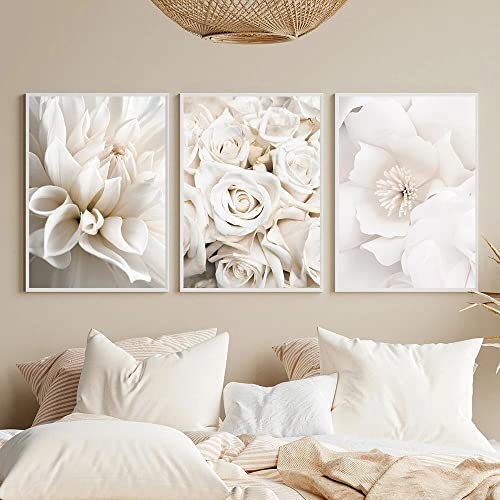 Sarah Duke 3er Set Premium Poster, Weiße Rose Blume Bilder, Ohne Rahmen Moderne Leinwandbilder, Boho Wandbilder Wanddeko für Wohnzimmer Schlafzimmer (A,30x40cm) von Sarah Duke