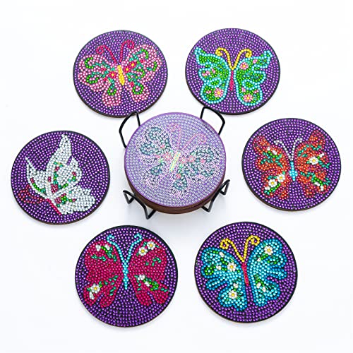 Sarah Duke 6 Pack Diamond Painting Untersetzer mit Halter, 10 cm Blumen Schmetterling Holz Rund Untersetzer, DIY Tassenunterlage für Esstisch Deko (Schmetterling) von Sarah Duke