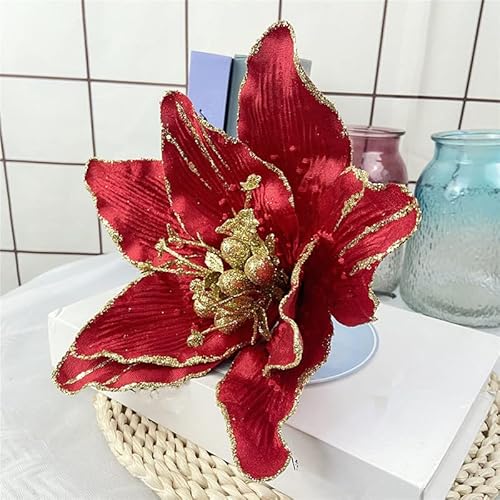 Sarah Duke 6 Stück 25 cm Künstliche Weihnachten Blumen Glitzer Weihnachtsstern Blumen Rot Weihnachtsbaum Kunstblumen Ornament Dekor für Weihnachtsbaum (Rot) von Sarah Duke