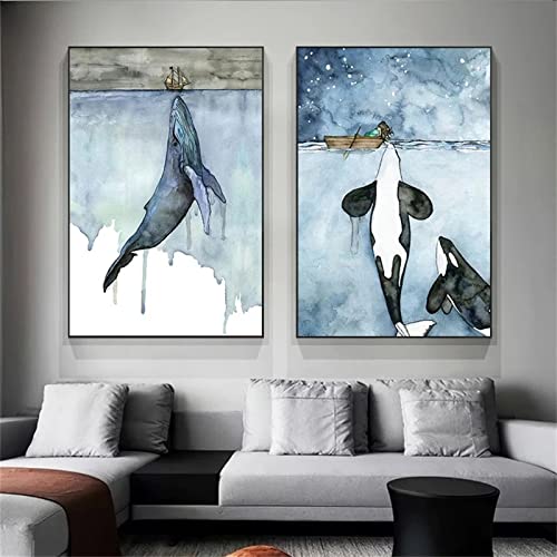 Sarah Duke Poster 2er Set, Blau Wal Aquarell Bilder Kunstposter, Ohne Rahmen Wandbilder, Leinwandbilder für Wohnzimmer Schlafzimmer Wanddeko (50 x 70 cm) von Sarah Duke