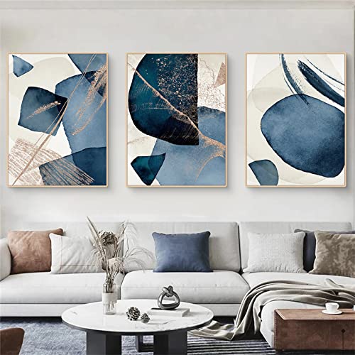 Sarah Duke Poster Wohnzimmer, 3er Set Abstrakt Gold Blau Geometrie Kunstposter, Stilvolle Nordic Leinwand Wandbilder, Ohne Rahmen Wanddeko Bilder Set (40 x 50 cm) von Sarah Duke