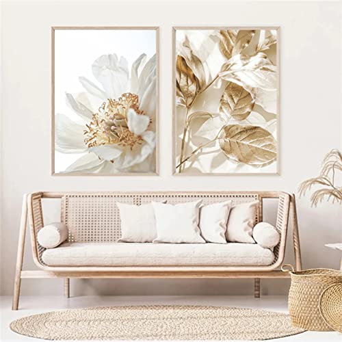 Sarah Duke Premium Poster 2er Set, Gold Blätter Weiß Blumen Wandbilder Leinwand Bilder, Leichter Luxus Wanddeko Poster Wohnzimmer, Ohne Rahmen (21 x 30 cm) von Sarah Duke