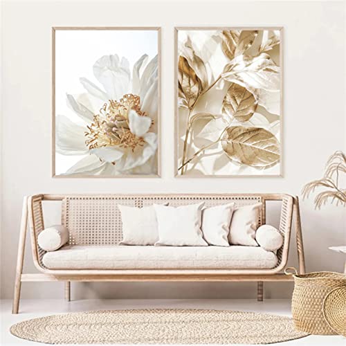 Sarah Duke Premium Poster 2er Set, Gold Blätter Weiß Blumen Wandbilder Leinwand Bilder, Leichter Luxus Wanddeko Poster Wohnzimmer, Ohne Rahmen (30 x 40 cm) von Sarah Duke