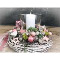Adventsgesteck 20cm Kleines Gesteck Glas Teelicht Rosa Stern Modern Rund Zapfen Weiß von SarahsFlowerStudio
