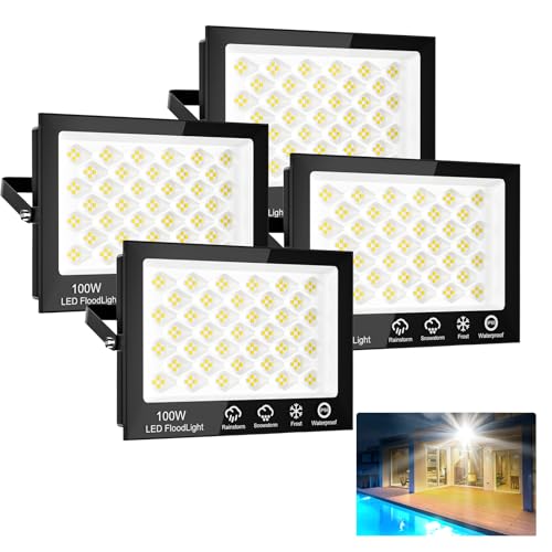 Sararoom Strahler Fluter Flutlicht Scheinwerfer - 4er 100W 156 LED, 10000LM, Kaltweiß 6500K, IP65 Wasserdichte Flutlichtstrahler Außen-Sicherheitsbeleuchtung für Garten Garage Hof Auffahrt Türen Flur von Sararoom