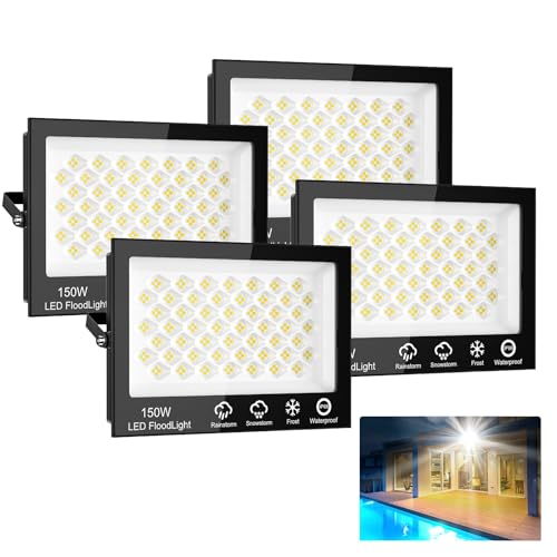 Sararoom Strahler Fluter Flutlicht Scheinwerfer - 4er 150W 208 LED 15000LM Kaltweiß 6500K, IP65 Wasserdichte Flutlichtstrahler Außen-Sicherheitsbeleuchtung für Garten Garage Hof Auffahrt Türen Flur von Sararoom