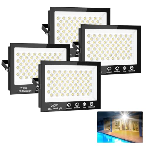 Sararoom Strahler Fluter Flutlicht Scheinwerfer - 4er 200W 272 LED 20000LM Kaltweiß 6500K, IP65 Wasserdichte Flutlichtstrahler Außen-Sicherheitsbeleuchtung für Garten Garage Hof Auffahrt Türen Flur von Sararoom