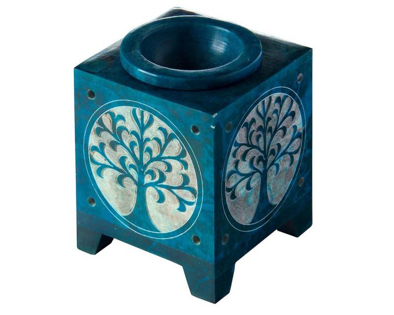 Saraswati Duftlampe Aromalampe "Baum des Lebens" Speckstein türkis 8x8x12cm von Saraswati