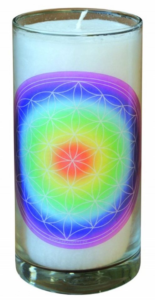 Saraswati Formkerze Kerze "Blume des Lebens regenbogen" im Glas Stearin weiss 14cm von Saraswati