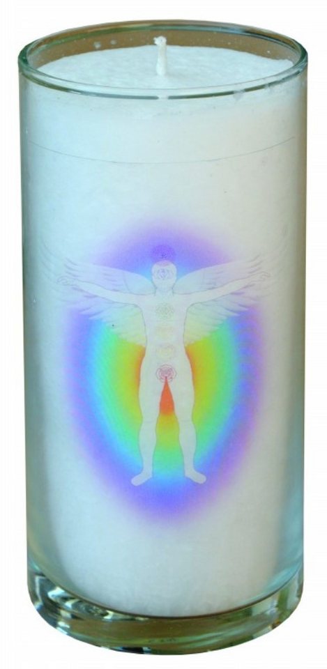 Saraswati Formkerze Kerze "Chakra Aktivierung" im Glas Stearin weiss 14cm von Saraswati