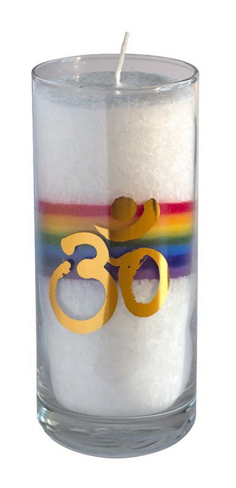 Saraswati Formkerze Kerze "Crystal Rainbow Om" im Glas Stearin weiss 14cm von Saraswati