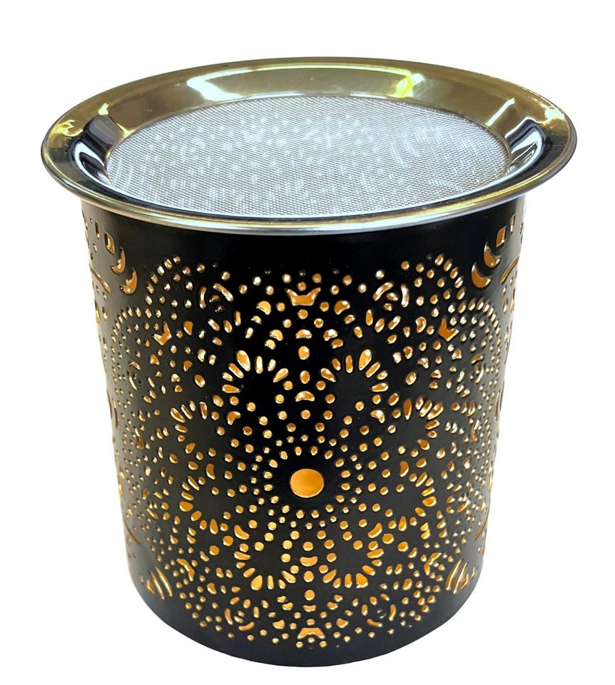Saraswati Räucherstäbchen-Halter Räuchergefäß "Mandala" aus Stahl, schwarz/ gold, gelasert, mit Sieb Ø9 von Saraswati