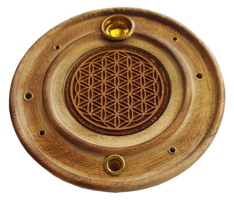 Saraswati Räucherstäbchen-Halter Räucherstäbchenhalter "Blume des Lebens" Holz rund 10cm von Saraswati