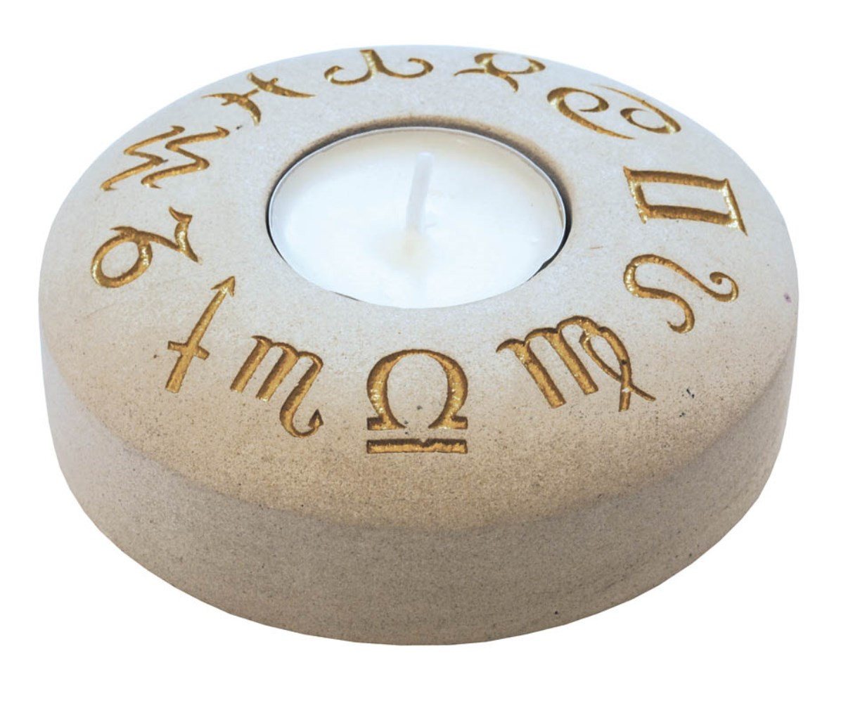 Saraswati Teelichthalter Teelicht "12 Sternzeichen" Stein graviert 10cm von Saraswati