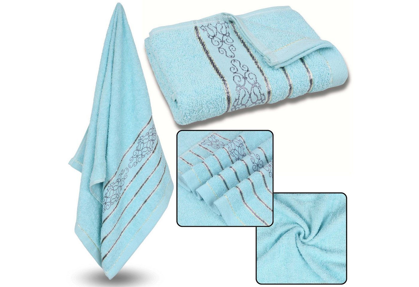 Sarcia.eu Badetücher Blaues Baumwollbadetuch mit grauer Stickerei, 70x135 cm x1 von Sarcia.eu