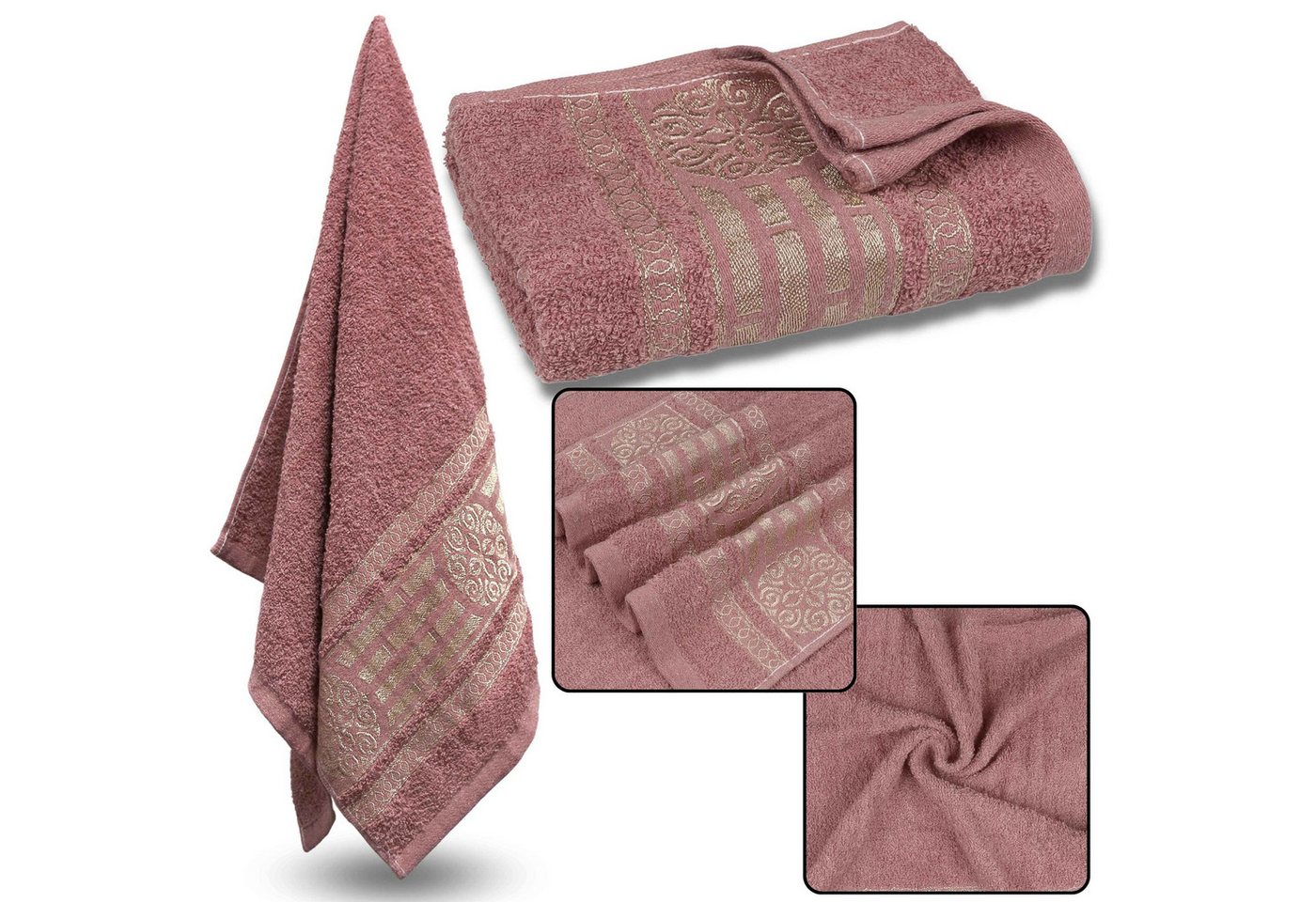 Sarcia.eu Badetücher Rosa Baumwollhandtuch mit Goldstickerei, Badetuch 70x135 cm x1 von Sarcia.eu