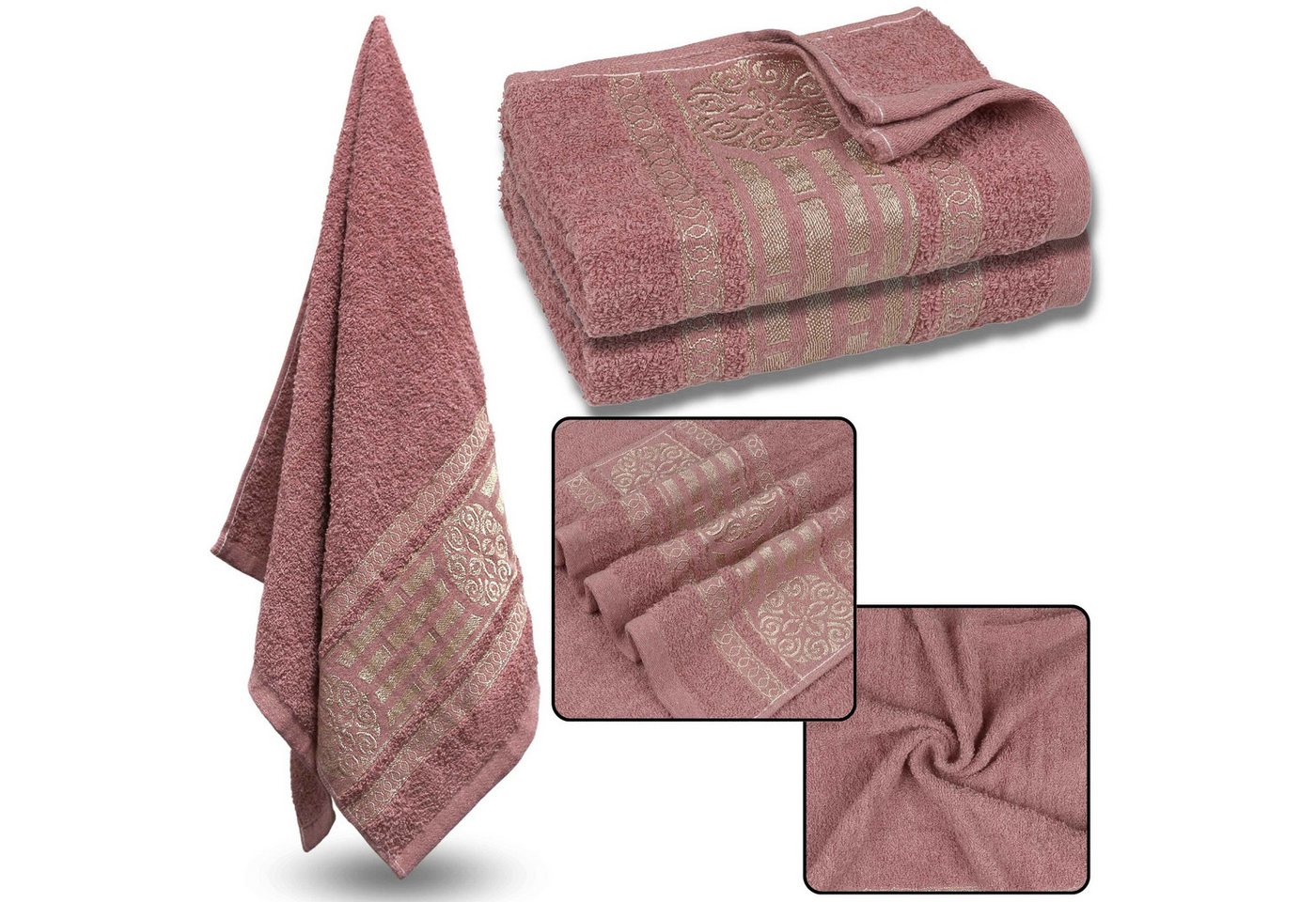 Sarcia.eu Badetücher Rosa Baumwollhandtuch mit Goldstickerei, Badetuch 70x135 cm x2 von Sarcia.eu