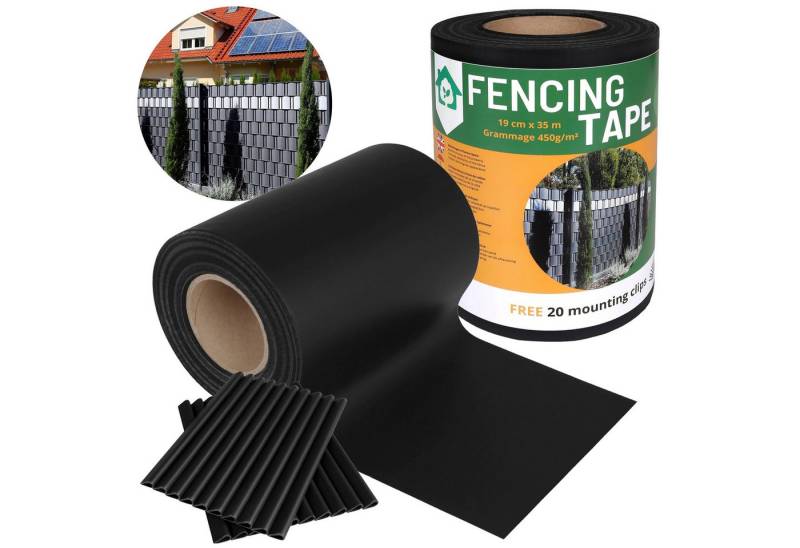 Sarcia.eu Doppelstabmattenzaun Sichtschutzstreifen 19cmx35m,450g/m2+20 Befestigungsclips,Schwarz von Sarcia.eu